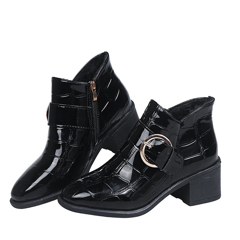 

Top British style buckle leather patent women square dwaterproof heels water ankle woman round toe boots office shoes ladies, Black.