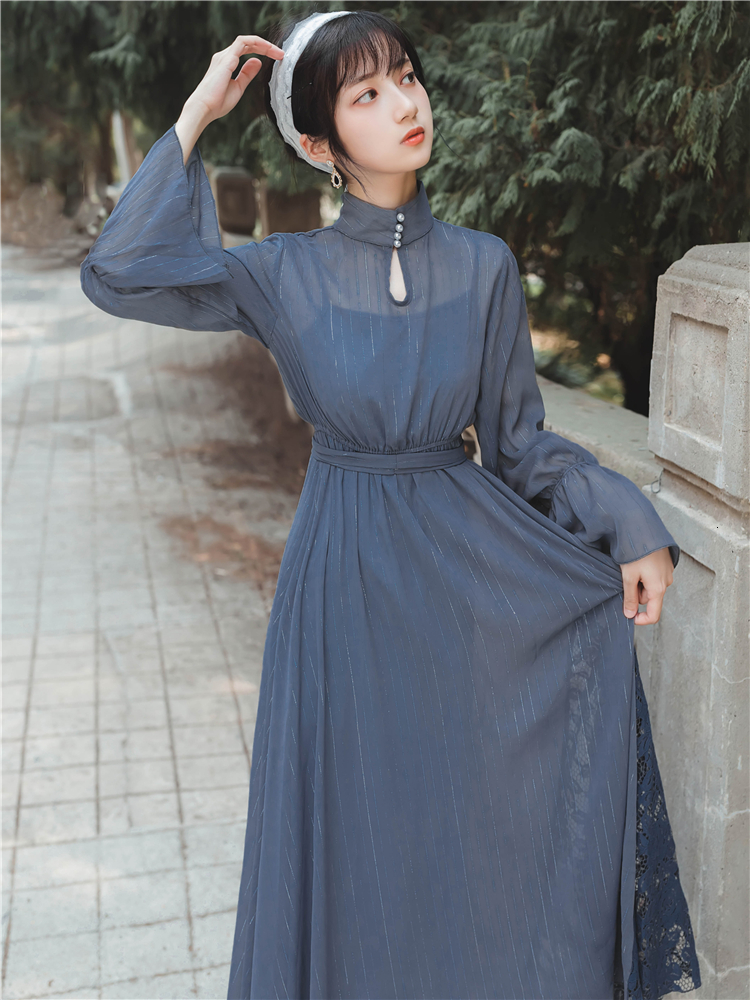 

Evening Round Collar 2021 Vintage Fit and Enlargement Mid-calf Chiffon Lace Dress Elegant Op48, Blue