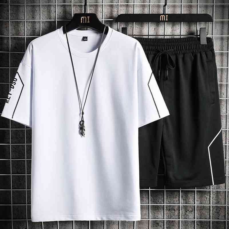 

men casual summer sets short sleeve t-shirts drawstring shorts suits mens sportswear running suit 2 pcs set fashion breathable, Gray