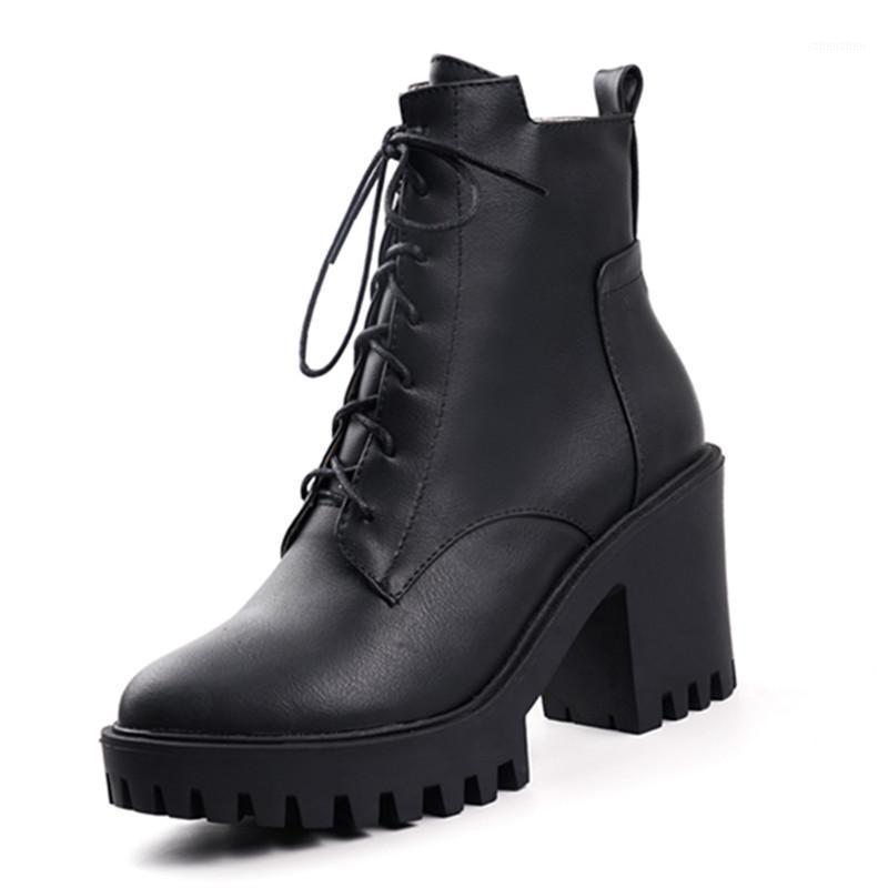 

Boots Ochanmeb Women's Gothic Ladies Big Size 43 Lace Up Thick Chunky High Heels Platforms Ankle Botas Feminina1, All black boots