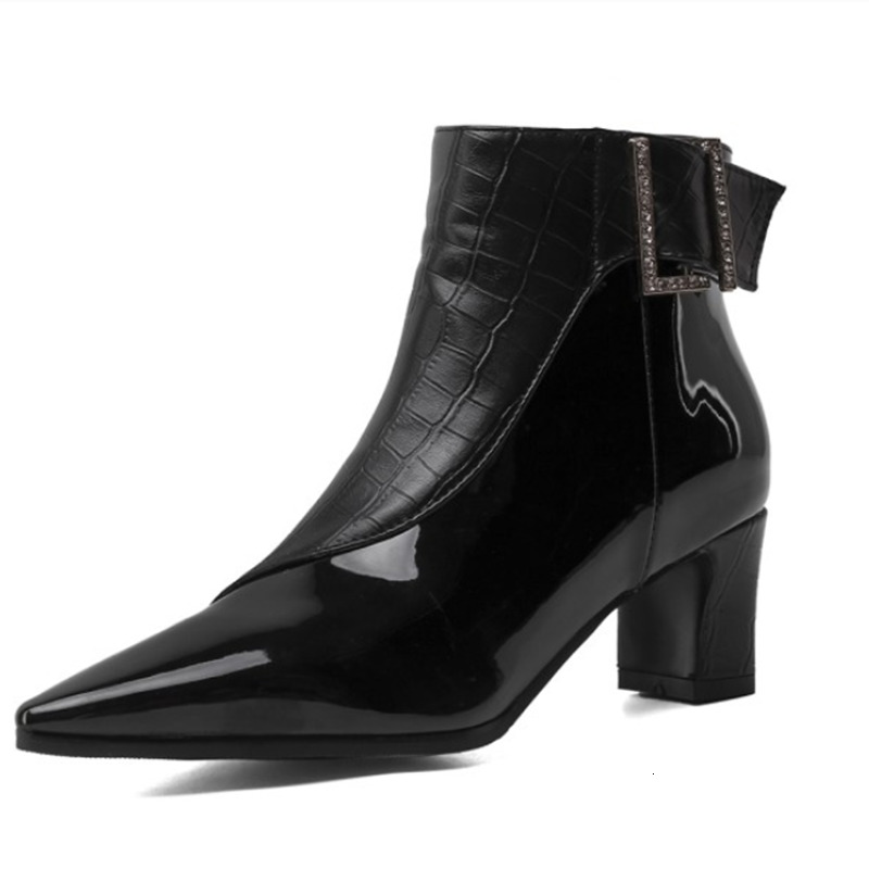 

New 2021 Buckle Pointed Toe Ankle Boots Autumn Winter Pu Leather Women Square Heel Fashion Ladies Shoes Size34-43 D9bs, Black
