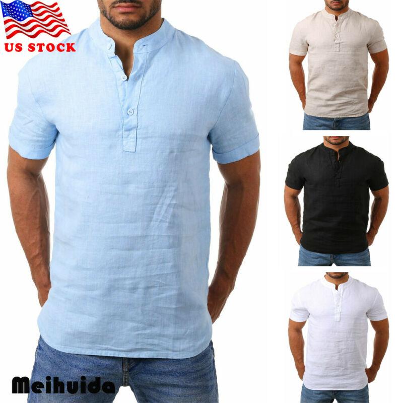 

Men's Casual Shirts Slim Fit V Neck Short Sleeve Muscle Tee Shirt Tops Male Top Cotton Linen Solid Clothing, Black