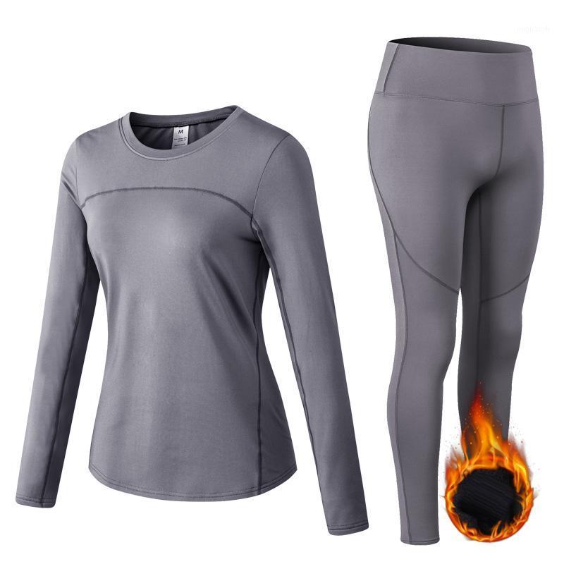 

Thermal Sports Suits Women Workout Yoga Set Fitness Clothing High Waist Running Pants Gym Leggings Long Sleeve Crop Top Shirts1, Gray