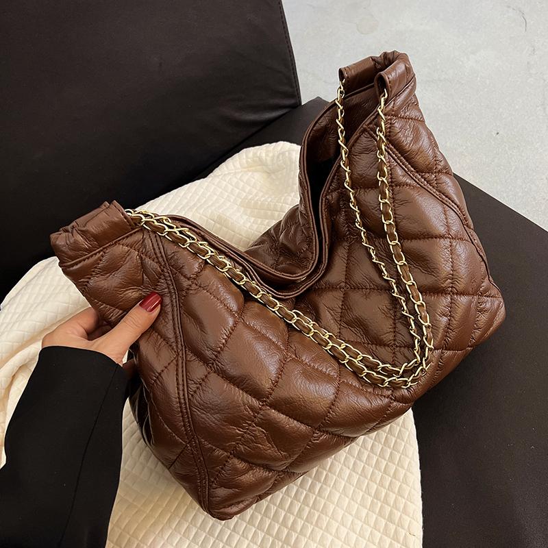 

Evening Bags Big Winter Brand PU Leather Chain Quilted Padded Totes Luxury Women Handbags Lady Soft Warm Shoulder Satchels