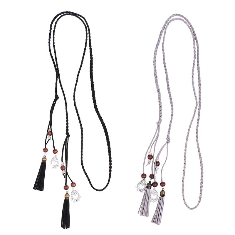 

2pcs Women Lady Long Braided Cotton Tassel Waistbelt Girl Bohemian Boho Belt, As pic
