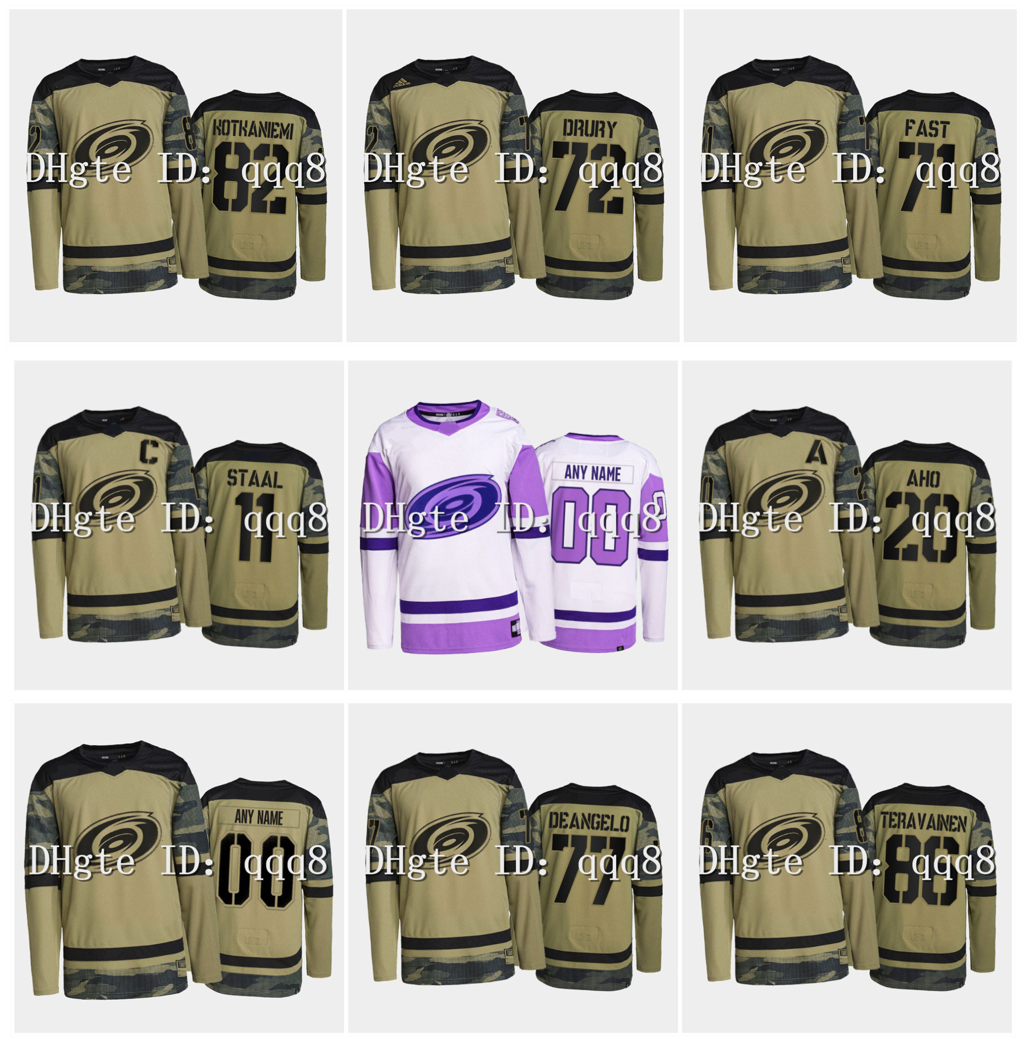 

Sebastian Aho CAF Night Camo Military Carolina Hurricanes Hockey Jersey Fights Cancer Staal Andrei Svechnikov Jaccob Slavin Teuvo Teravainen, Black;red