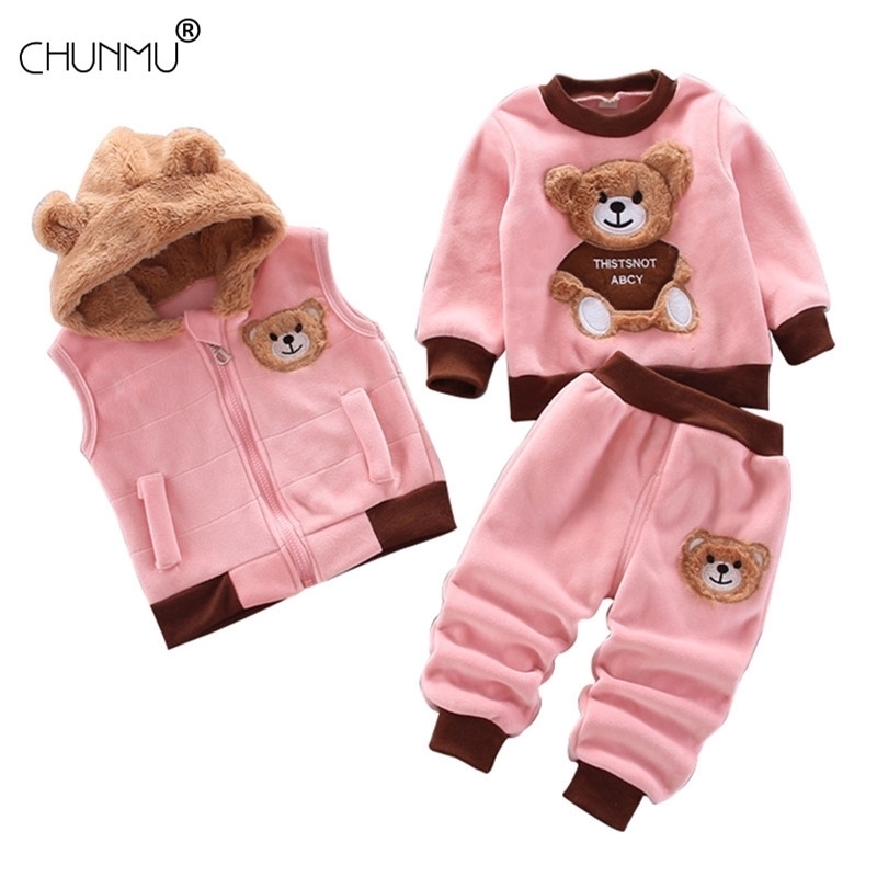 

Children's Clothing Winter Suit 1 2 3 4 Years Toddler Boy Girl Fashion Fleece Thick Warm 3PCS Set Vest Hooded Tops Pants 201031, Sky blue
