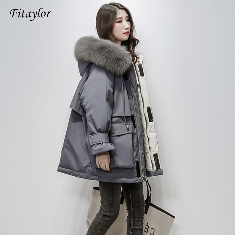 

Fitaylor Large Natural Fox Fur Hooded Winter Jacket Women 90% White Duck Down Thick Parkas Warm Sash Tie Up Snow Coat 201120, Gray brown fur