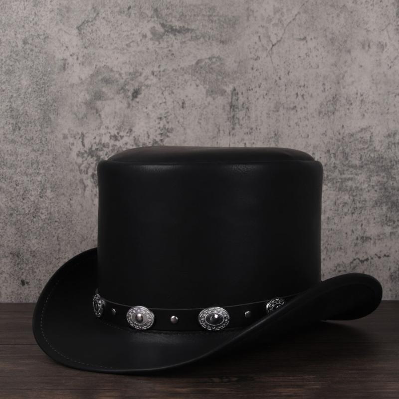 

Women Men Leather Top Hat Punk Flat Fedora Hat Magician Steampunk Cosplay Party Cap Dropshiping 3Size 13CM, Black