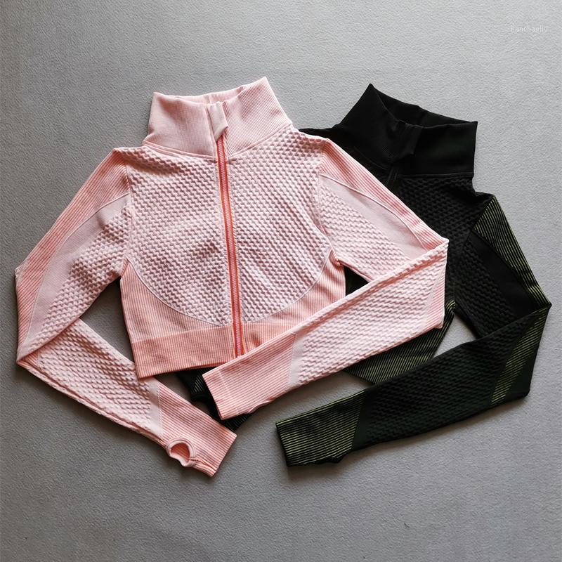 

Seamless Long Sleeve Yoga Tops Women Sports Top Fitness Gym Zipper Workout Shirt Crop Tops With Thumb Hole Running Sports Wear1, Pink