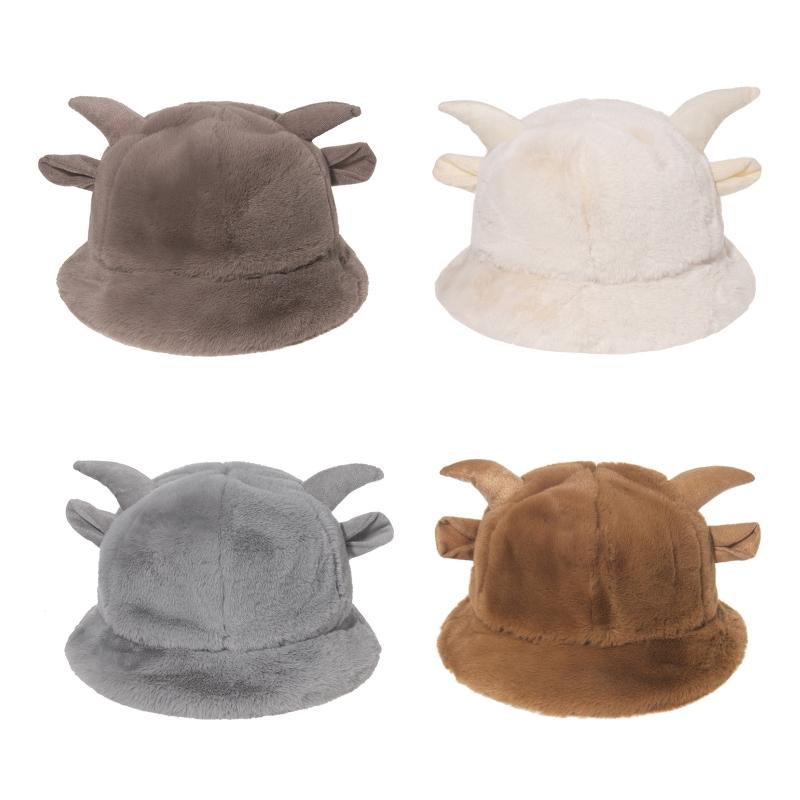 

Women Winter Fuzzy Plush Warm Bucket Hat Cute Cow Cattle Ears Horn Fisherman Cap 50PF, Black