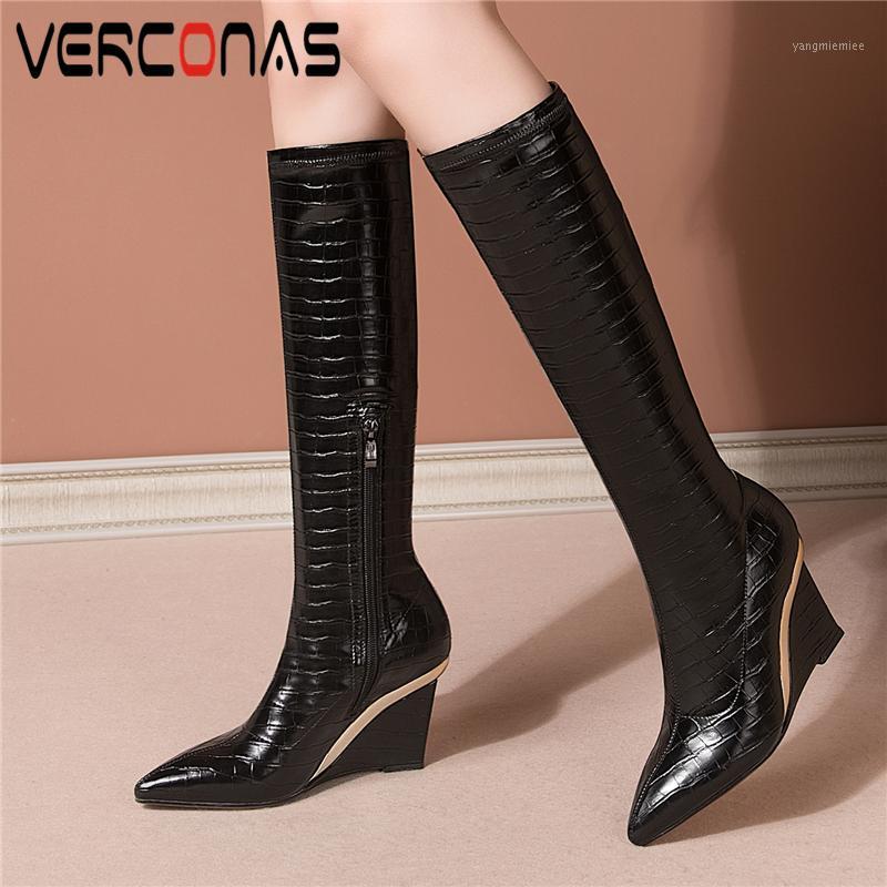 

VERCONAS Fashion Women Knee-High Boots 2020 Autumn Winter New Metal Wedges Heels Shoes Woman Pointed Toe Side Zipper Long Boots1, Black