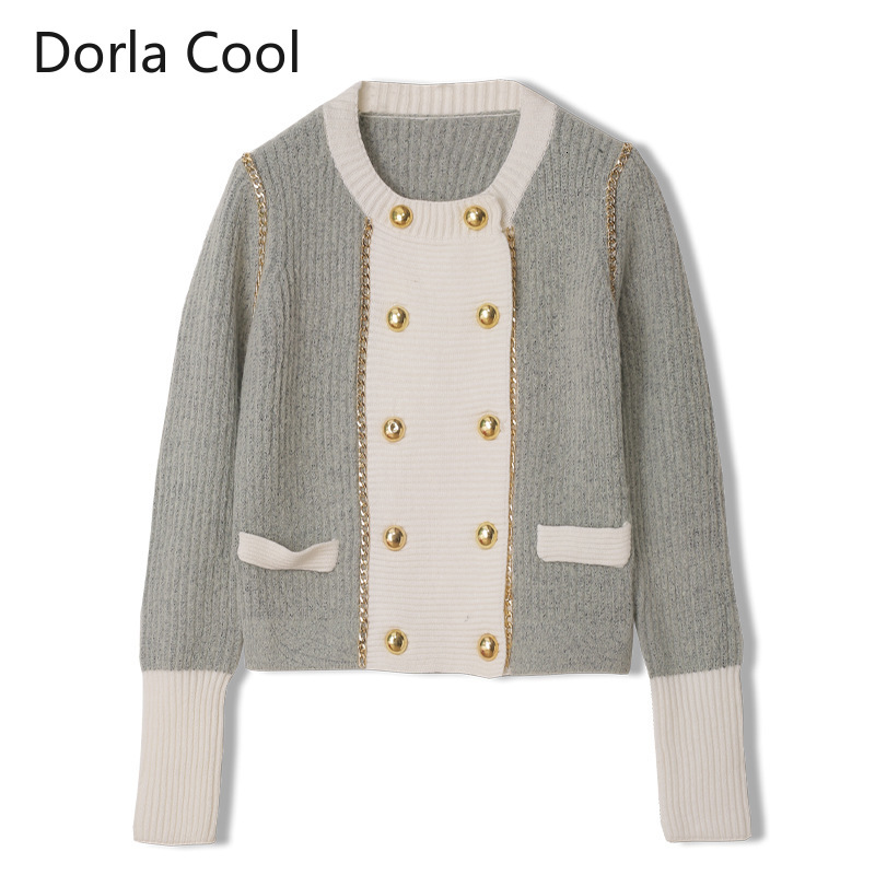 

New 2021 Spring Designer Retro-current Double-breasted Female Sweater Stylish Mesh Outerwear Topos X22u, Gray
