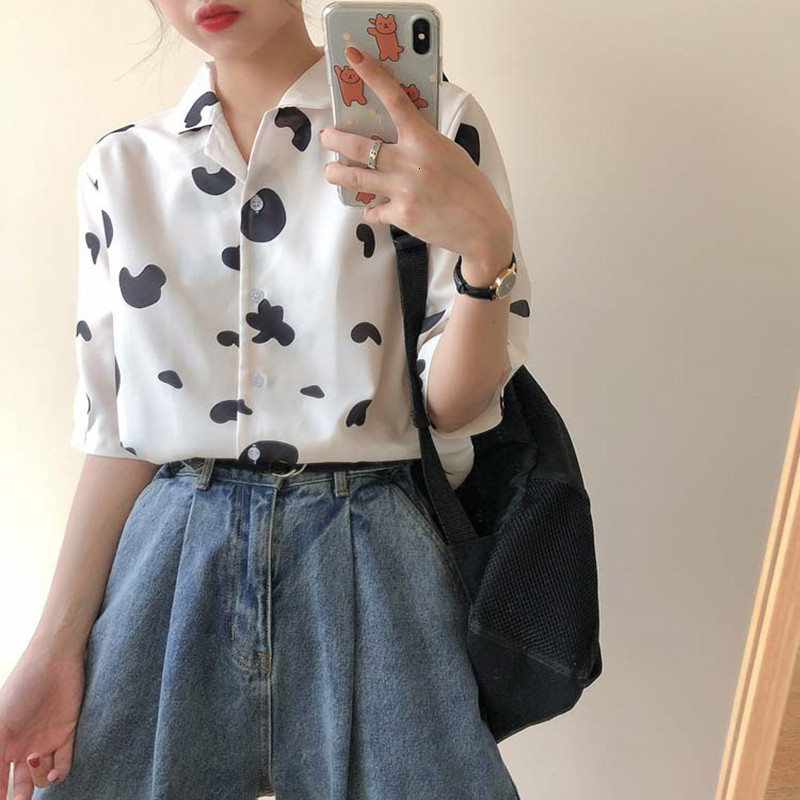 

2021 New Femme womens tops Korean summer cartoon cow print short sleeve chiffon female blouse blouses (f4018) D24H, Same pictures