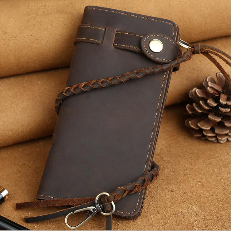

MAHEU Mode mens genuine leather wallet from vintage photo of credit card purse with braided wrist bracelet long bag, Design 2 light brown