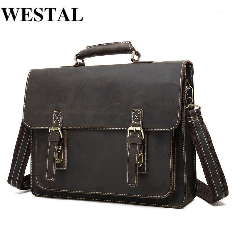 

WESTAL Men's Genuine Leather Bag Men's Briefcase Office Bags Vintage Crazy Horse Leather Laptop Bags Male Tote Briefcase Handbag1, Coffee