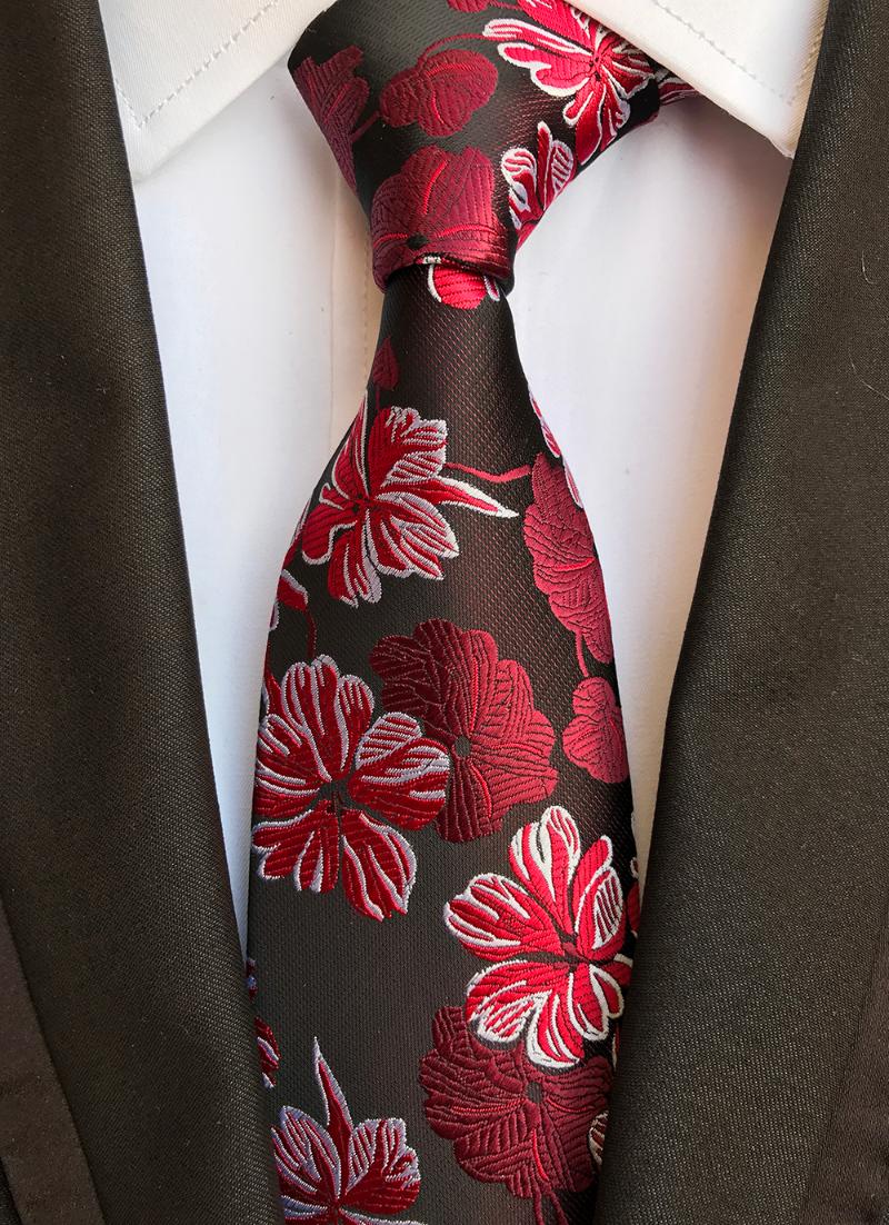 

Bow Ties 8cm Width Men Woven Fashion Floral Neckties With Red Embroidered Flowers