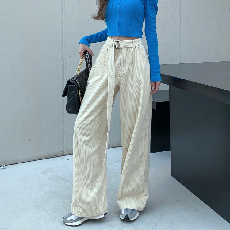 

New Autumn Casual Women Pants High Waist Drape Corduroy Pants Female Vintage Lace Up Casual Trousers Mujer, Black