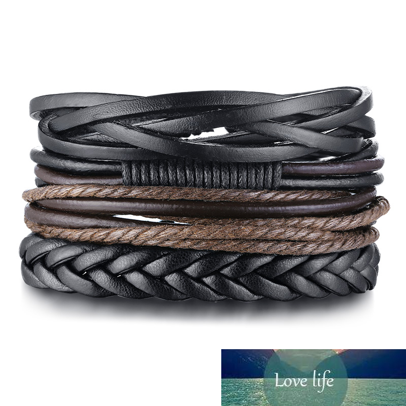 

4PCS/SET LEATHER BRACELET MEN'S MULTILAYER WRAP WRISTBAND BRAZALETE PULSERA DE PIEL, Black