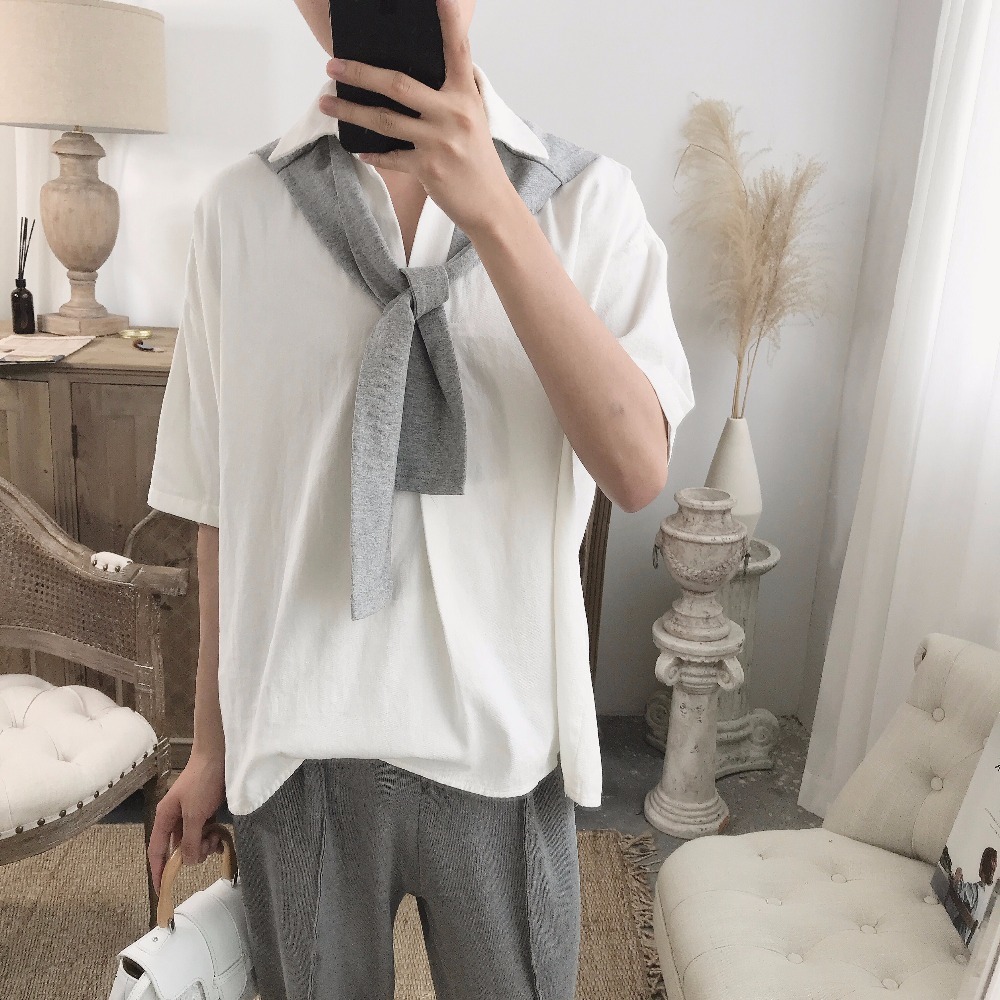 

2021 New Men White Shawl Set Head Fan Academy Wind Hired Summer School Short-sleeve Shirt. RXNQ