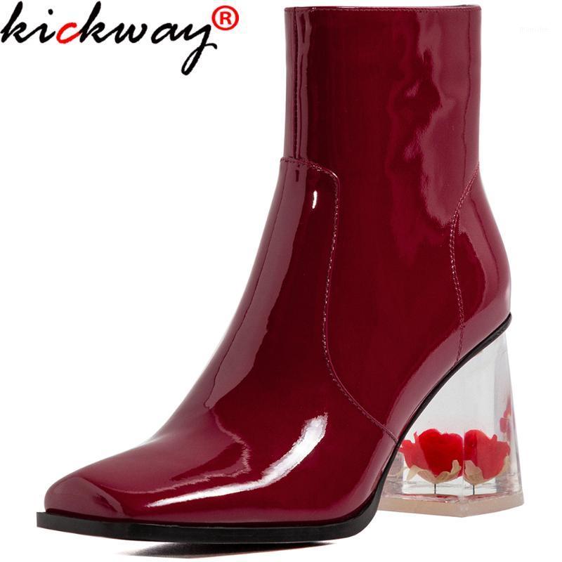 

Kickway boots women genuine leather Square clear heels square toe high heels ankle boots vintage zipper ladies sexy short1, Vintage fur inside