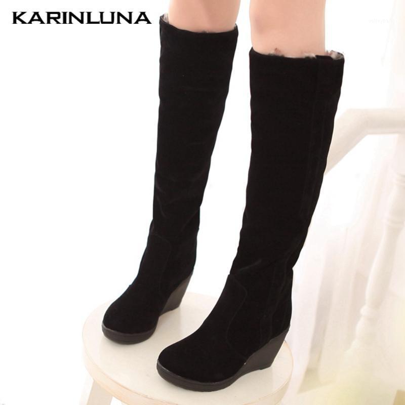 

Karin Dropship 2021 New Brand shoes women Round Toe Knee High Boots Short Plush Round Toe Wedges Heels Solid1, Beige