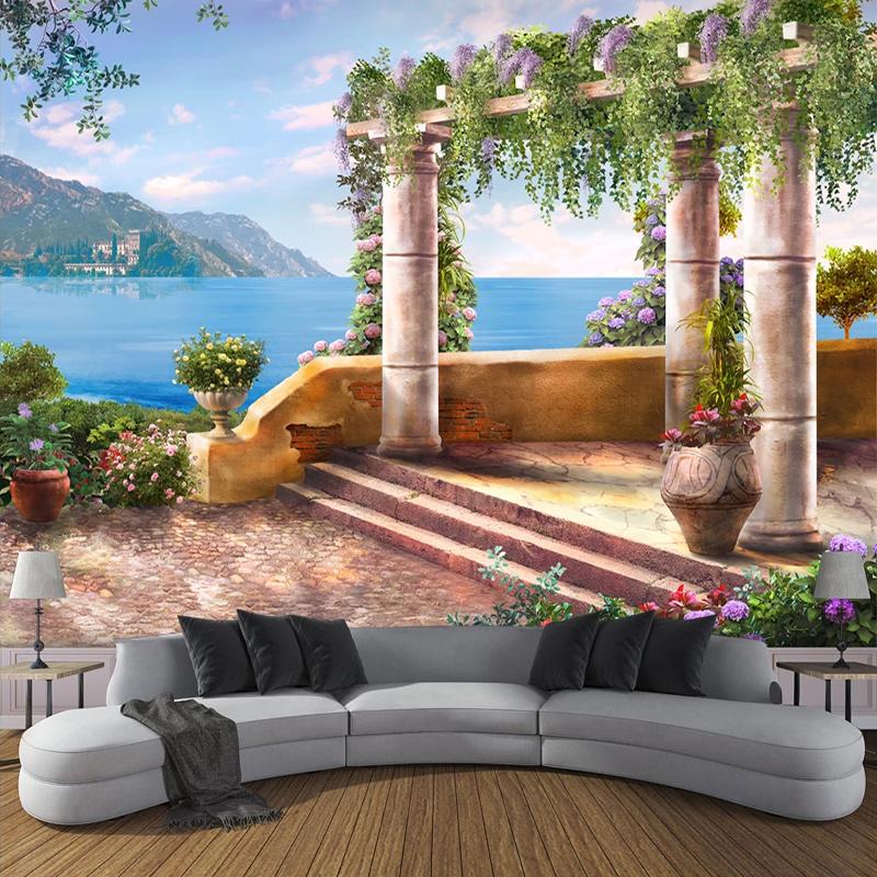 

Custom Photo Wallpaper Roman Column Seascape 3D Space Garden Balcony Landscape Wall Mural Living Room Bedroom Decoration Fresco, As pic