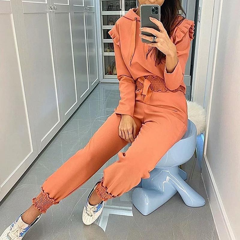 

Autumn Korean casual pants two piece set for women' 2021 spring new drawstring hooded sweatshirt suit women two piece outfits, Orange