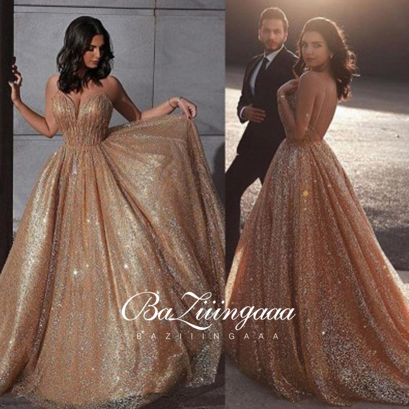 

Strapless sleeveless gold sequin evening dress V-neck Elegant luxury golden glitter 100% the same as the picture