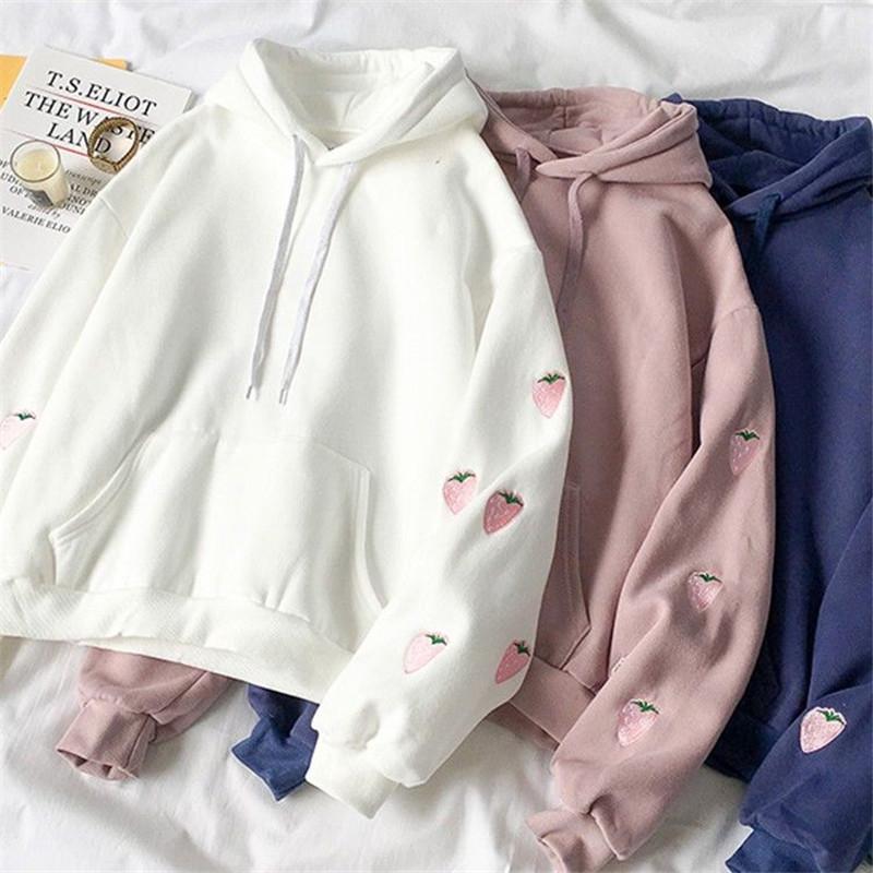 

Hoodies Harajuku Women Strawberry Embroidery Sweatshirt Pullovers Autumn Winter Kawaii Loose Long Sleeve Tops Oversized Hoodies, Purple