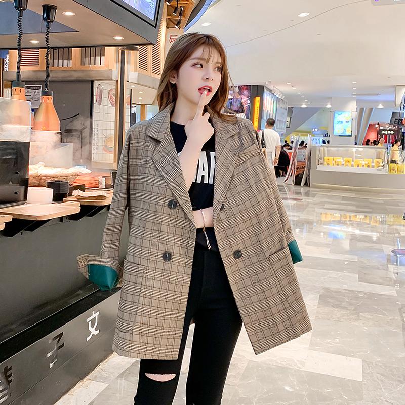 

2021 Spring and Autumn new plaid suit jacket female Korean loose student retro Net red suit jacket ins, Coffee color
