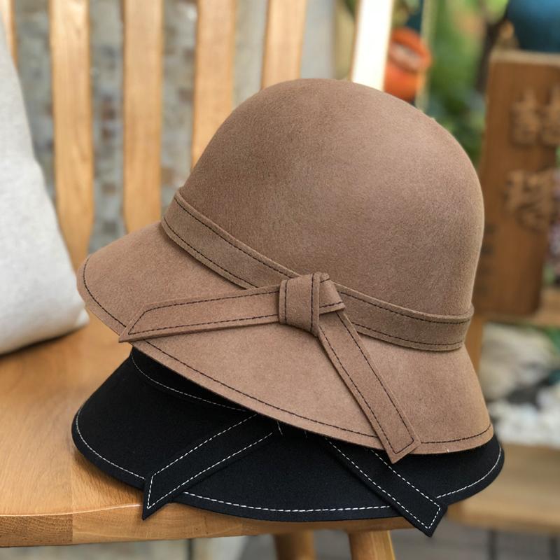 

Elegant French Style Bow Wool Felt Bucket Hat Women Fall Winter Billycock Top Hats Fashion Vintage Cap Good Craft, Black