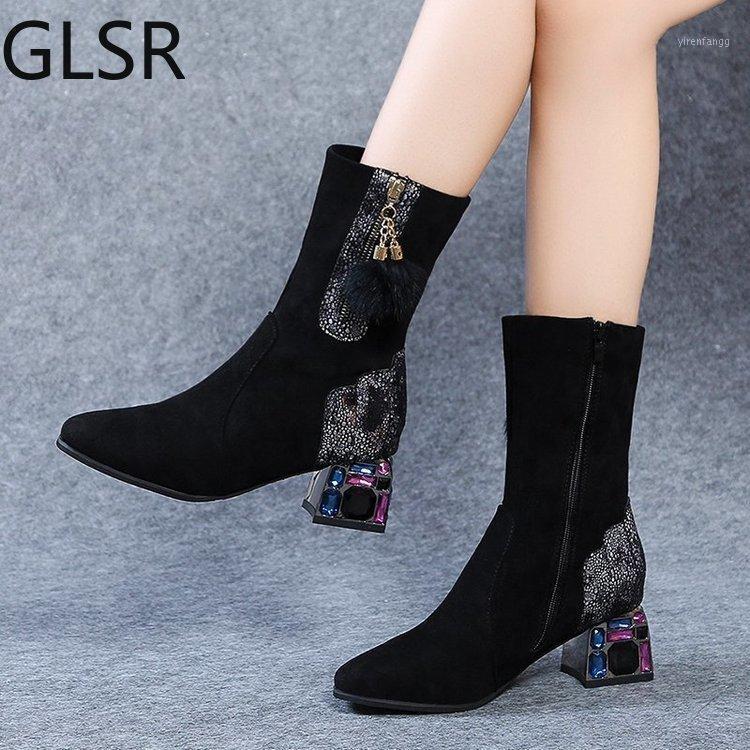 

Autumn and winter Genuine fur new women's comfortable shallow mouth round toe boots women's zipper simple sweet wild boots1, Black-short plush