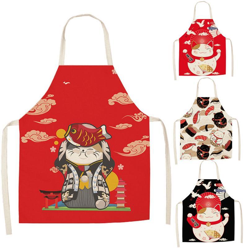 Lucky Cat Apron Kitchen Aprons for Women Cotton Linen Bibs Household Cleaning Pinafore Home Cooking Apron WQ126-image-637326888