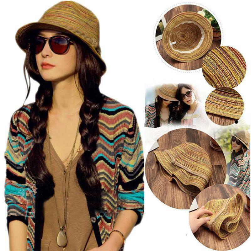 

Women Exquisite Adult Straw Hat Weaving Daily Gift Summer Sun Protection Fashion Wide Brim Rainbow Stripe Beach Casual Holiday, As pic