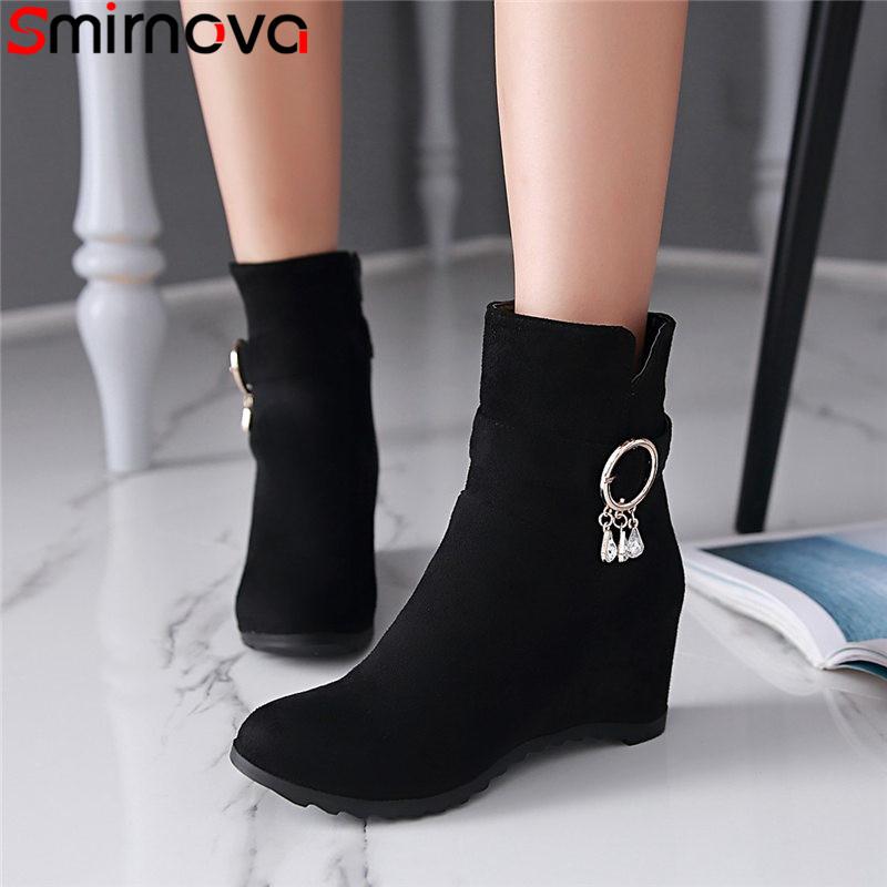 

Smirnova 2020 new fashion winter autumn female ankle boots with metal decoration high increasing heels winter boots zip solid, Black
