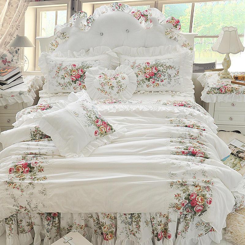

100%Cotton Korean Princess Floral Ruffles Embroidered Lace Bedding Set Duvet Cover Bed Skirt Bedspreas  Full Queen King Size1, Beige b