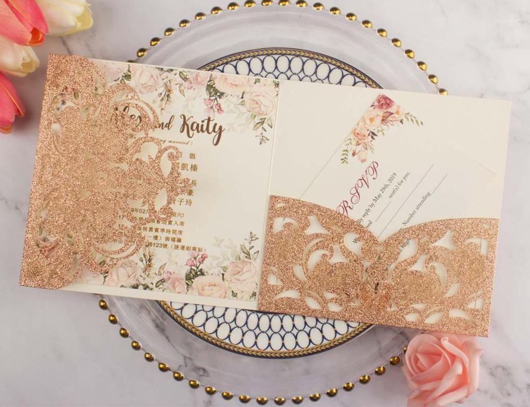 

Greeting Cards 50X Champagne Glitter Rose Gold Wedding Invitations Envelope Personalized RSVP Laser Cutting Pocket Fold Invite1