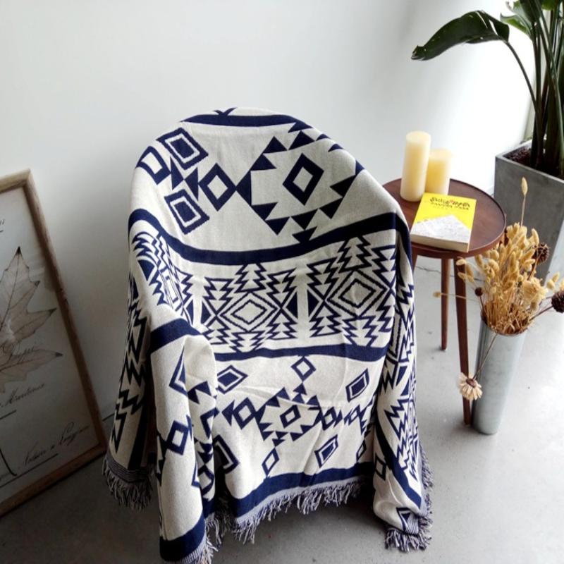 

Vintage leisure blanket coarse cotton bed cover sofa towel Geometric patterns Multifunction Double-sided tapestry Carpet Felts