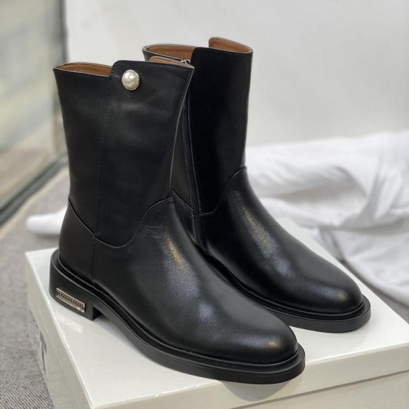 

Genuine Leather Black Women Ankle Boots INS Round Toe Flats Short Boots Autumn Winter For Women Combat 2021, As show