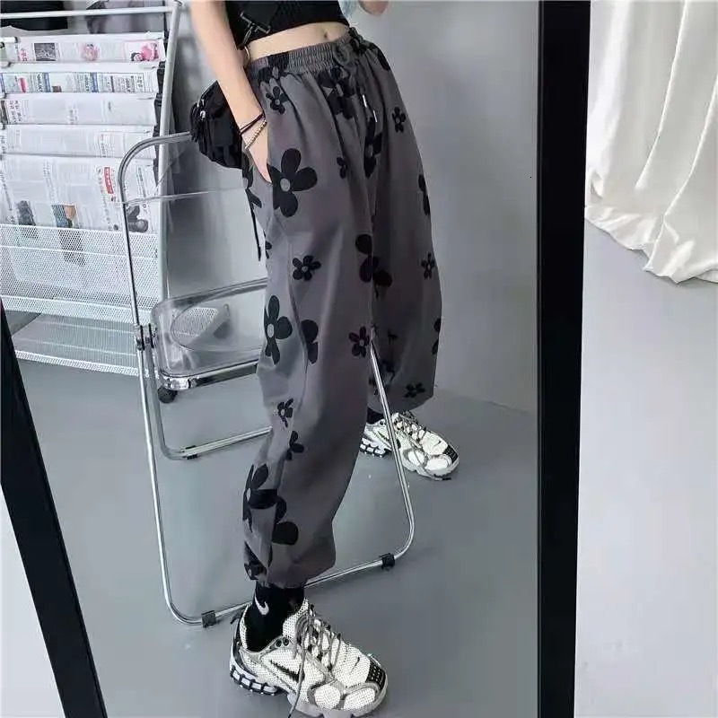 

2021 New High-waisted Female Breeches Jogger Printed Hip Streetwear Woman Elastic Waistband Pants Harem 6BKM, Dark grey