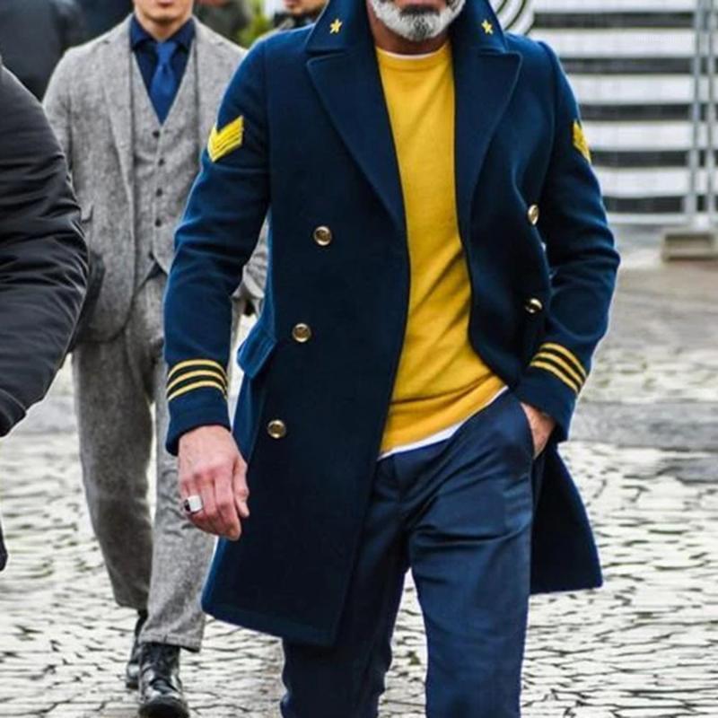 

Mens Long Jackets Autumn Wool Coats Long Sleeve Button Fashion lapel retro Men Clthing Blends Causal Winter Outerwear 2020 New1, Navy blue
