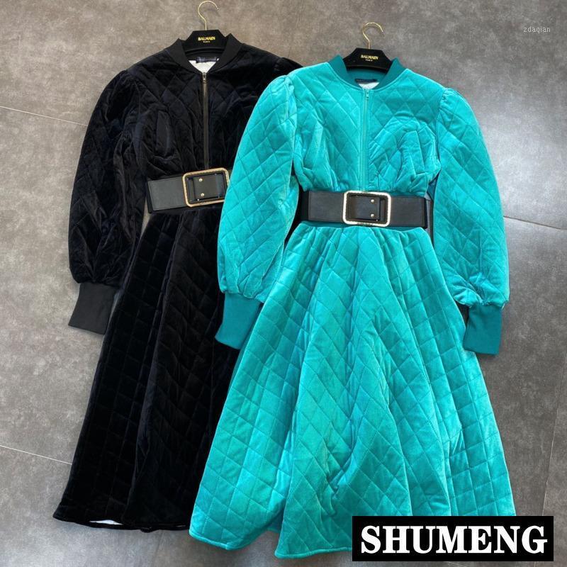 

2020 Winter Women New Fashion Stand Collar Long Sleeve Plaid High Waist A-Line Dress Slim Lady' Velvet Dress1, Black