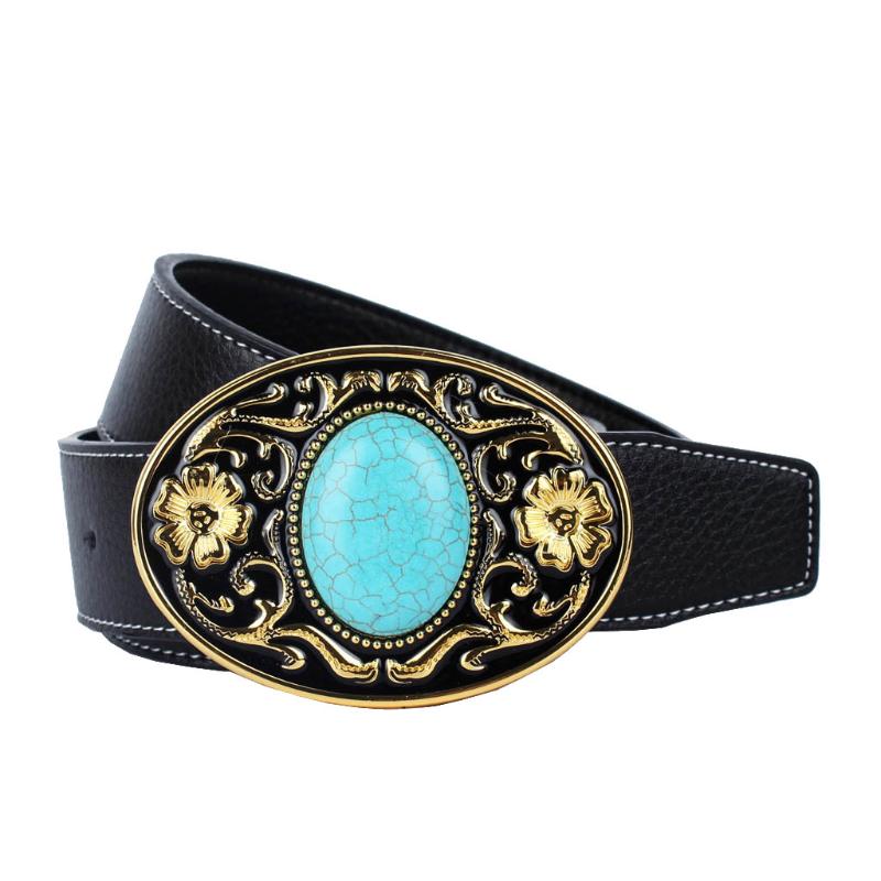 

Genuine Leather Belt Western Style Turquoise Buckle Unisex Belt 110-125cm, As pic