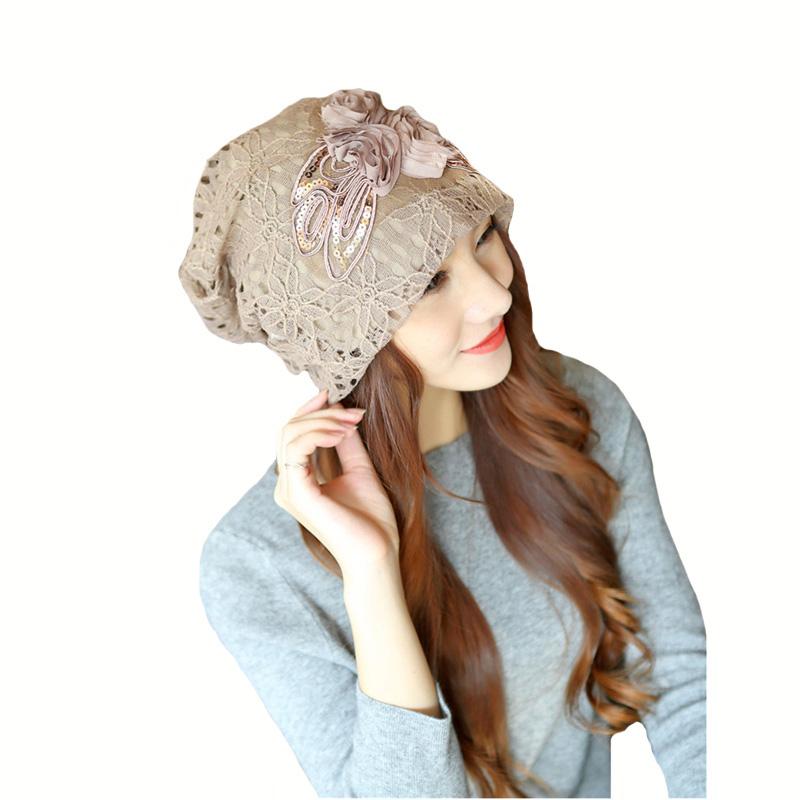 

Beanie/Skull Caps CUHAKCI Autumn Winter Beanies Woman Hat Lace Floral Skullies Outdoor Sport Hats Hollow Gorros Bonnet, M1846 flower khaki
