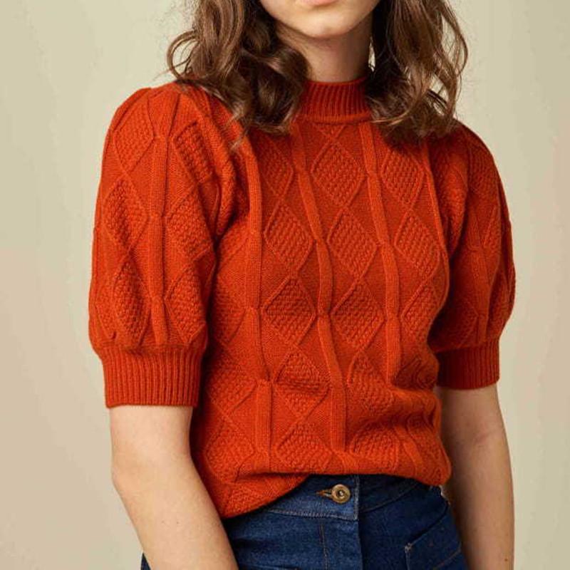 

2020 Early Autumn Womens Knitted Sweater Lady diamond Plaid Red Short puff sleeve pullover Top Female Bottoming Knitwear Fashion, As pic