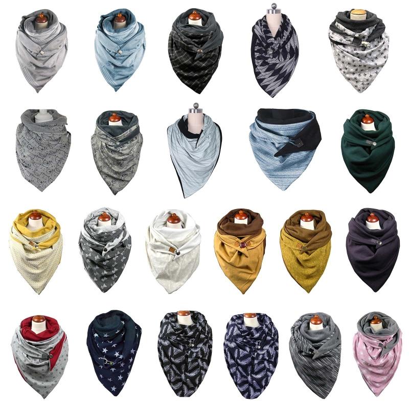 

Women Winter Thicken Warm Scarf with Button Vintage Floral Print Wrap Shawl Bib F3MD