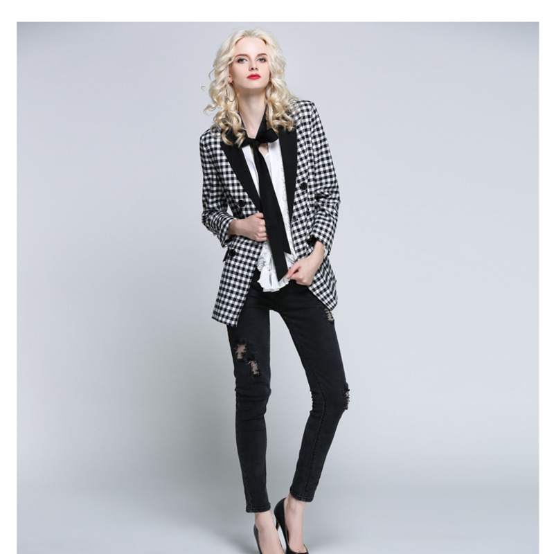 

Female blazer Autumn and winter girl style plaid fine temper short casual suit jacket for new woman, Black