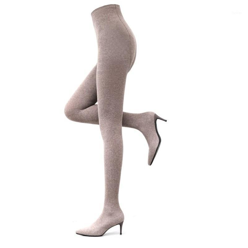 

2020 autumn European and American style sexy knitted wool stretch jumpsuit high heel pointed toe women's boots plus size 421, Beige
