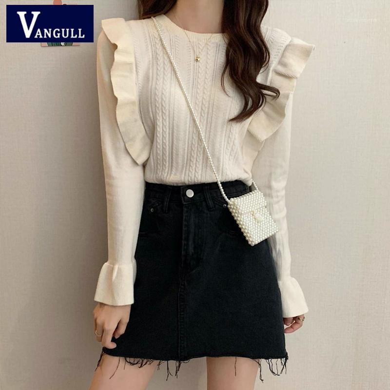 

Women Ruffles Pullovers Sweater Autumn Winter O-Neck Knitted Loose All-match Retro Casual Flare-Sleeved Pullovers Tops1, Black